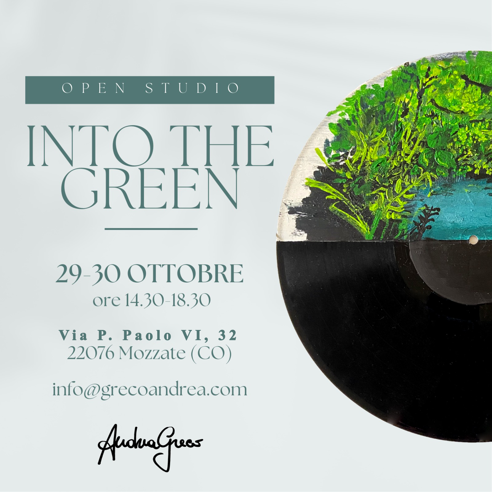locandina Into the green, mostra di Andrea Greco; vinili 33 giri dipinti con paesaggi sperduti e senza uomini; suono della Terra